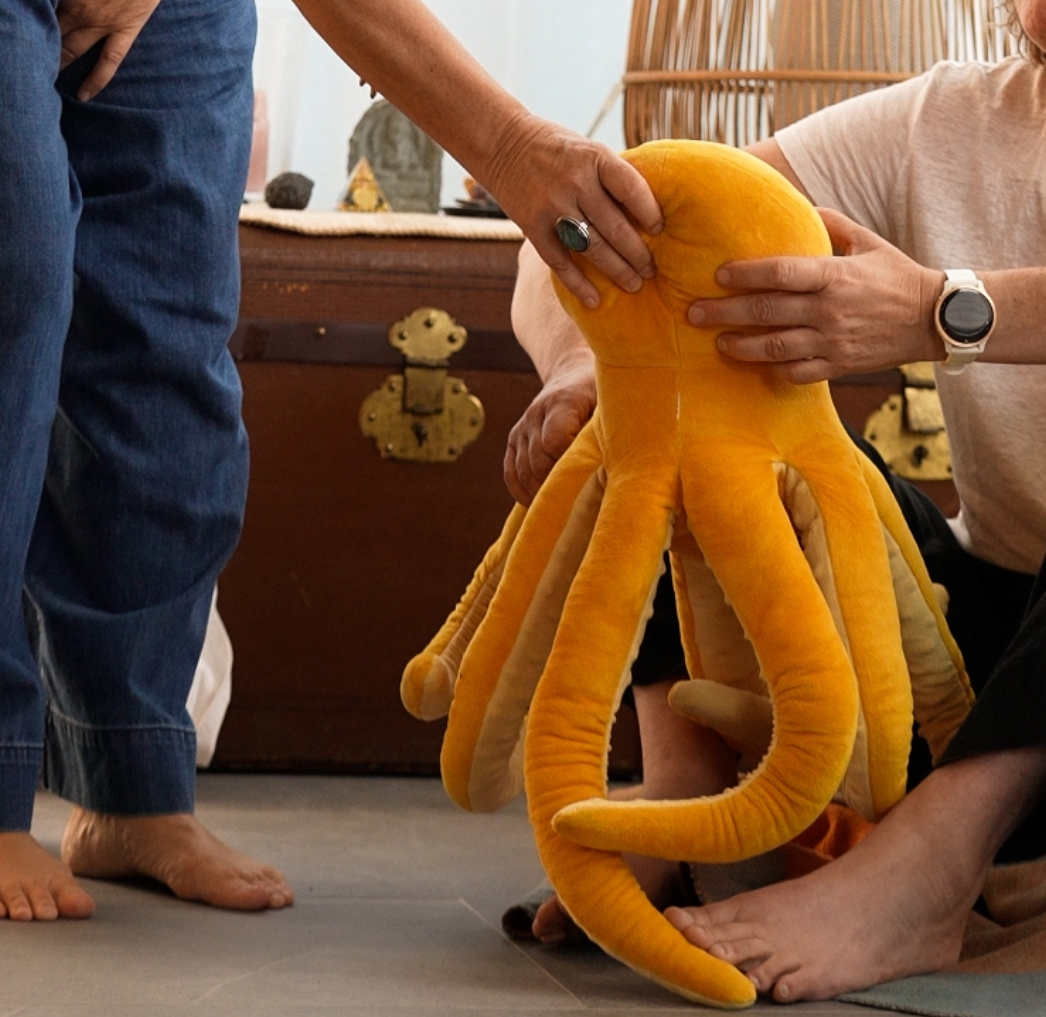 Une main qui tend une peluche pieuvre à quelqu'un